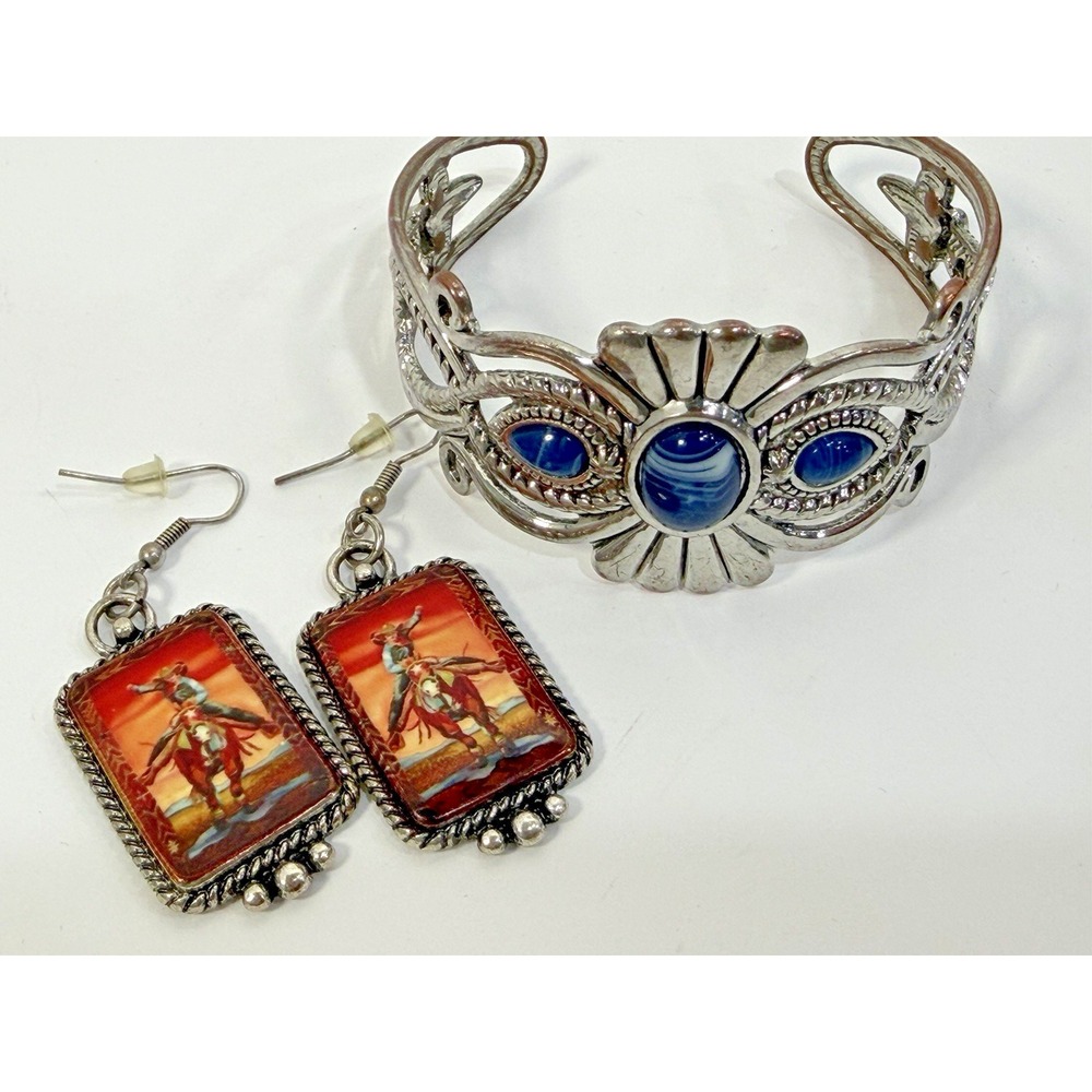 Western Rodeo Cowgirl Bronco Horse Rider Earrings Southwest Cuff Bracelet Lot
